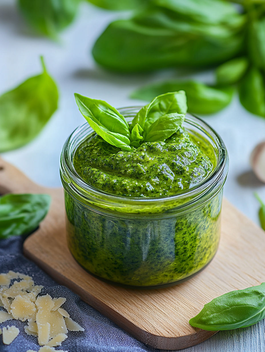 A jar of pesto sauce with a green leaf on top.