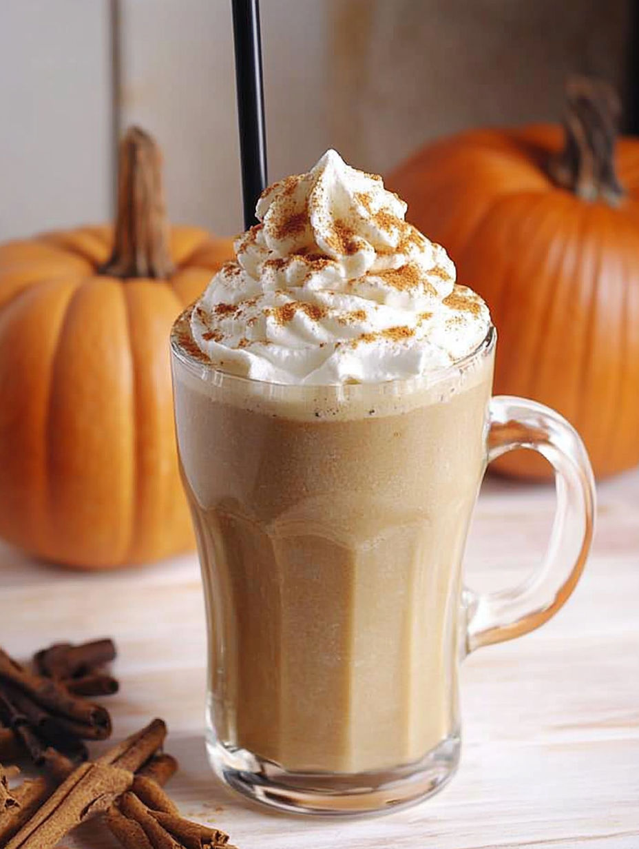 A glass of pumpkin spice latte with whipped cream.