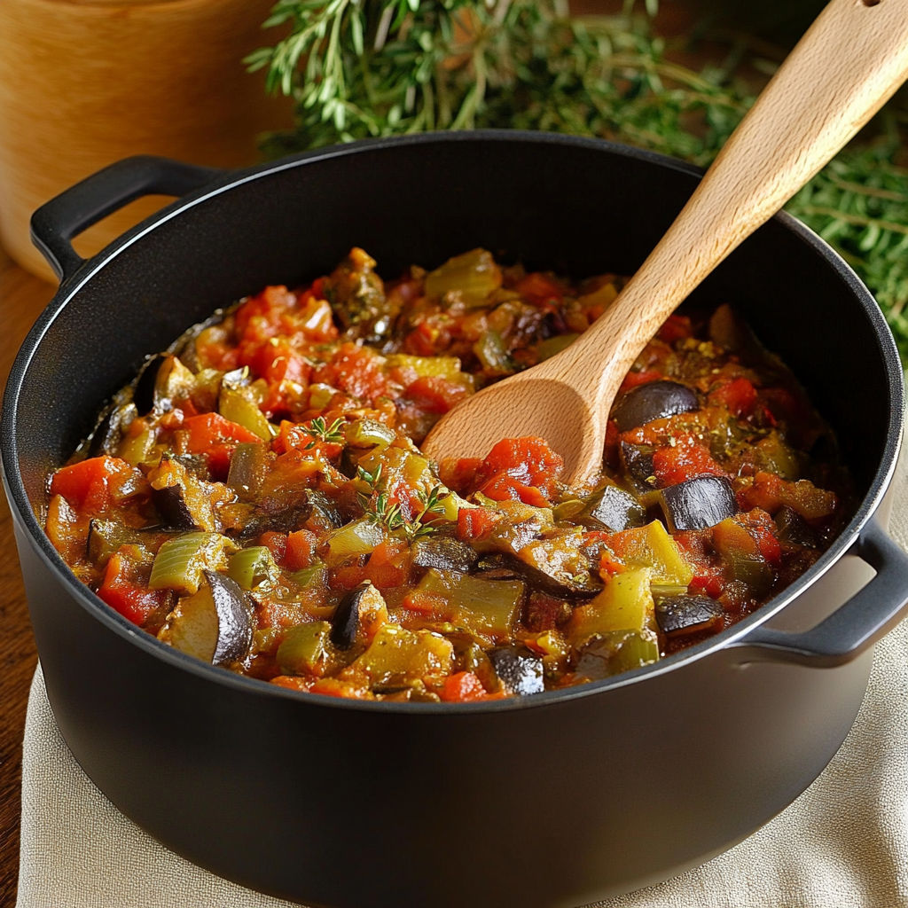 A black pot filled with a red sauce.
