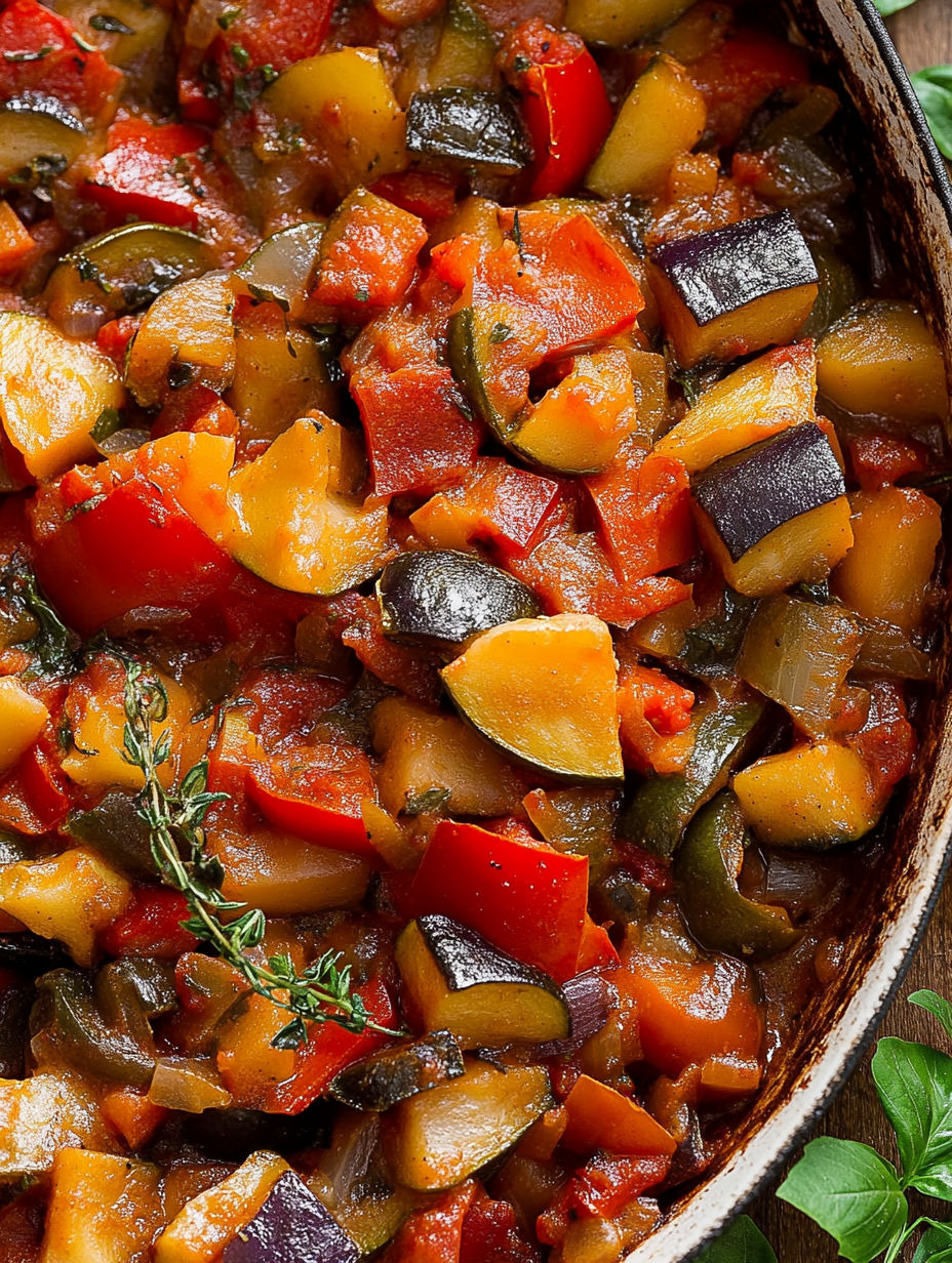 A bowl of ratatouille with a sprig of parsley on top.