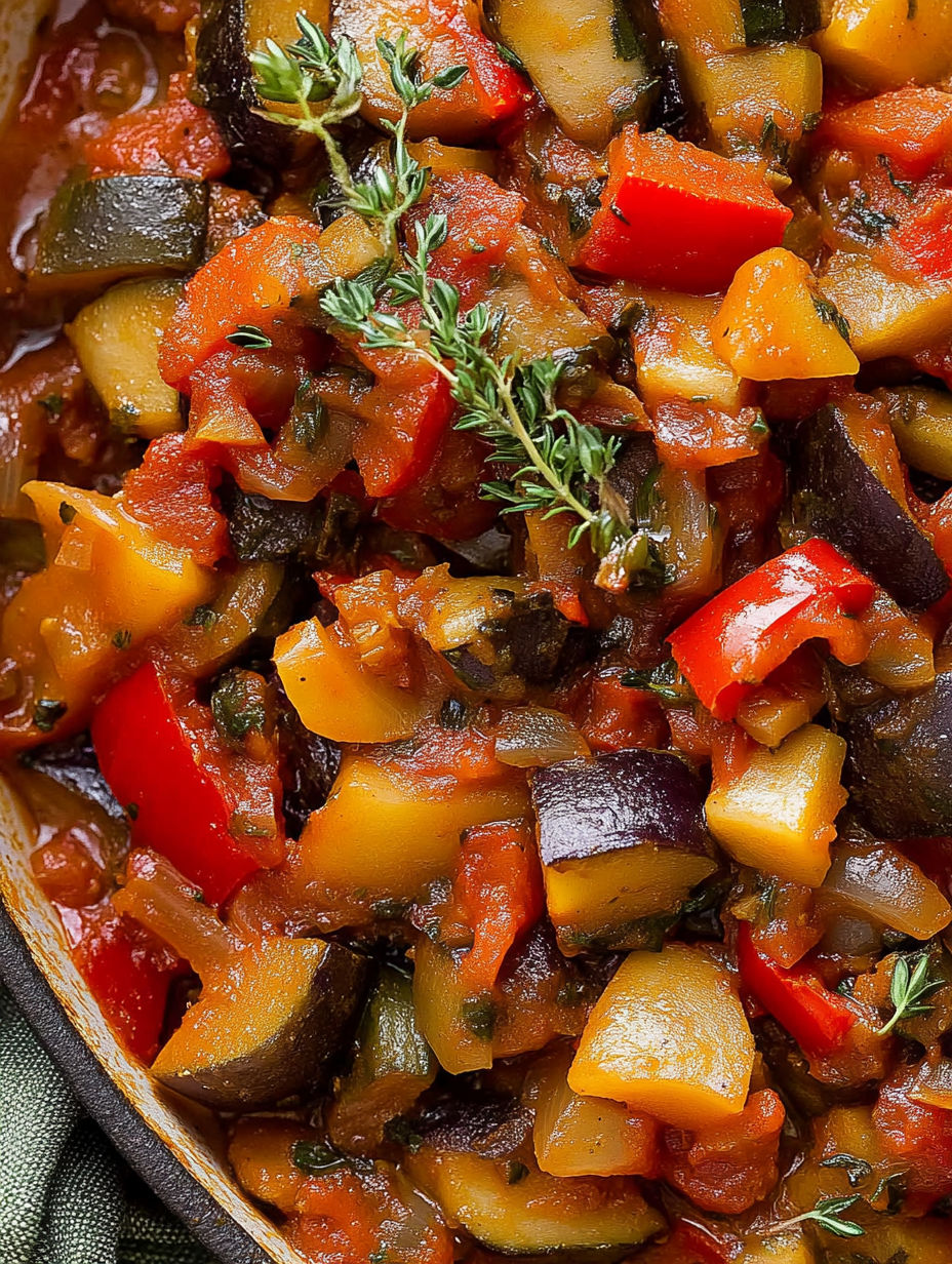 A bowl of ratatouille with vegetables.