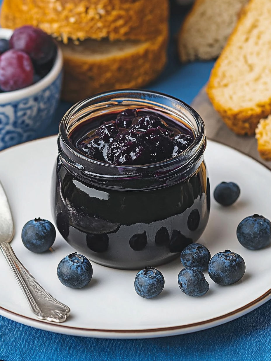 A jar of homemade blueberry jam.