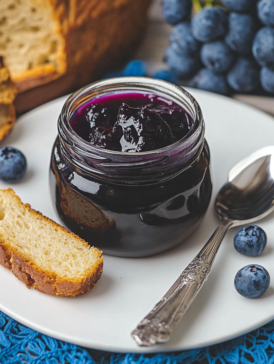 A jar of homemade blueberry jam.