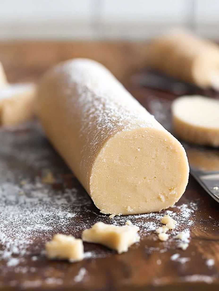 A pate d'amande express on a wooden table.