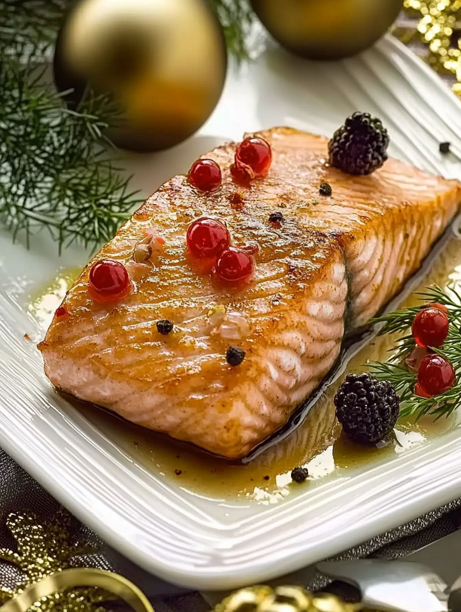 A plate of fish with red berries on top.