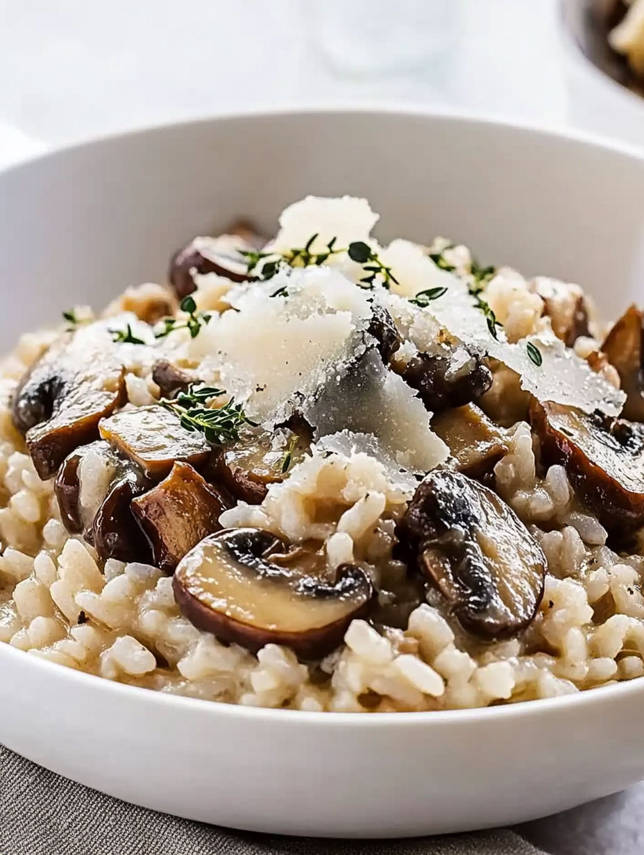A bowl of rice with mushrooms and cheese.