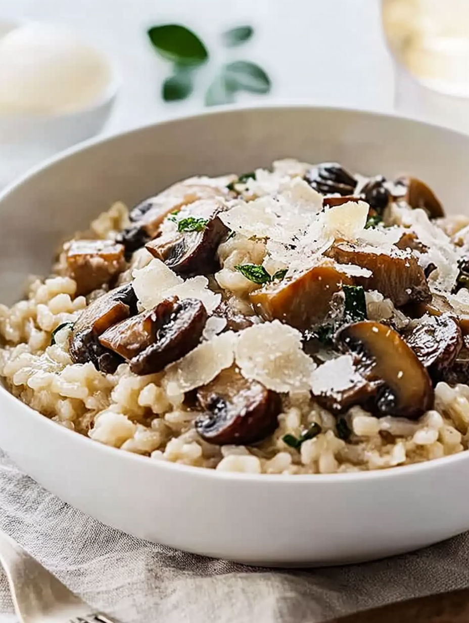 A bowl of rice with mushrooms and cheese.