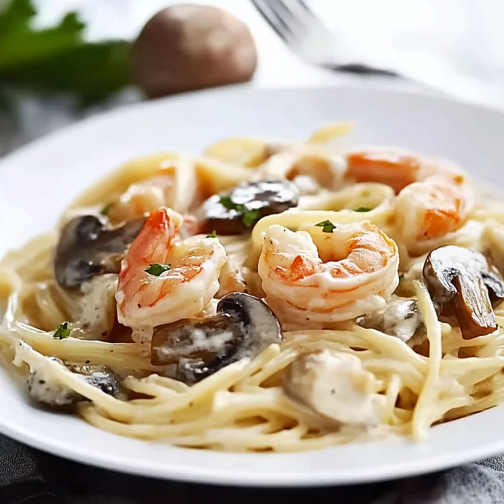 A plate of spaghetti with shrimp and mushrooms.