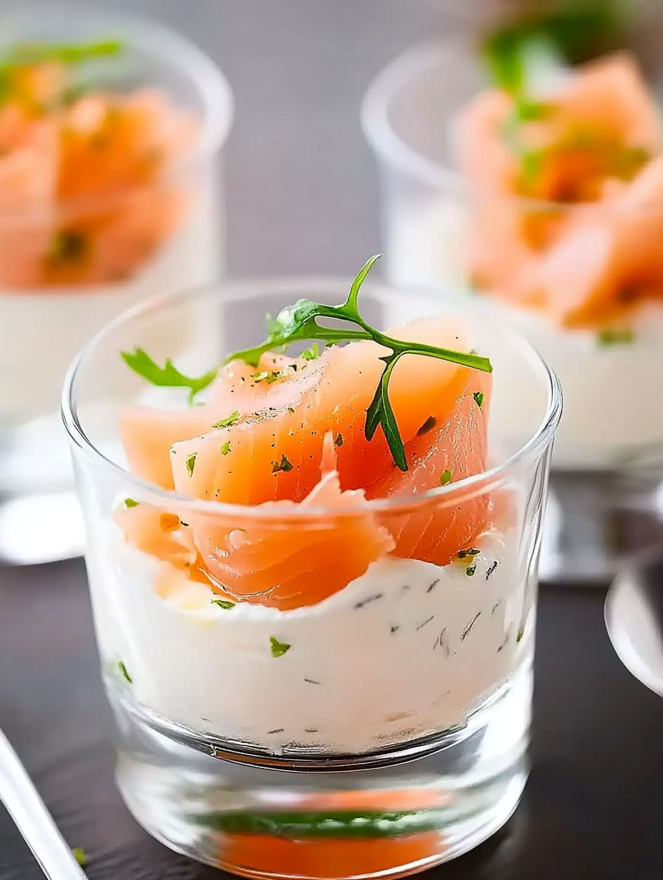 A glass of salmon, mascarpone and ciboulette.