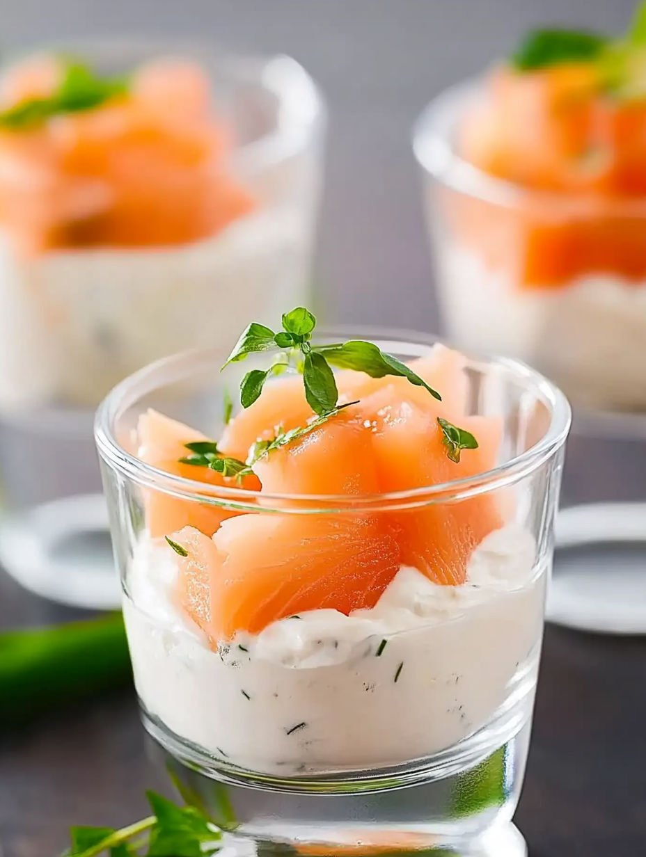 A glass of food with salmon, ciboulette, and mascarpone.