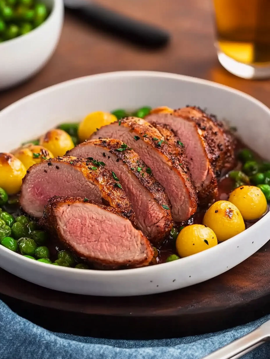 A plate of food with a piece of meat and peas.