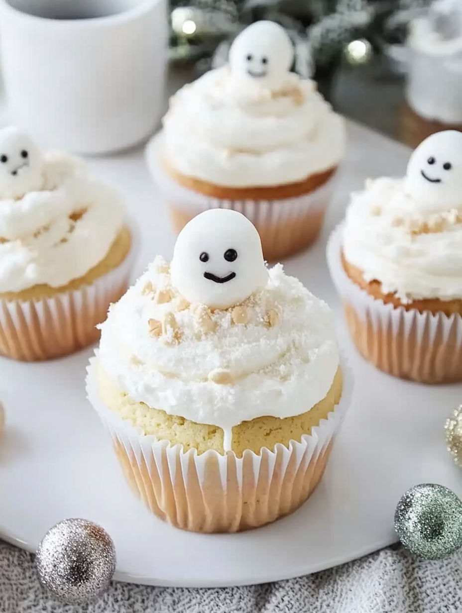 A cupcake with a white frosting and a smiley face.