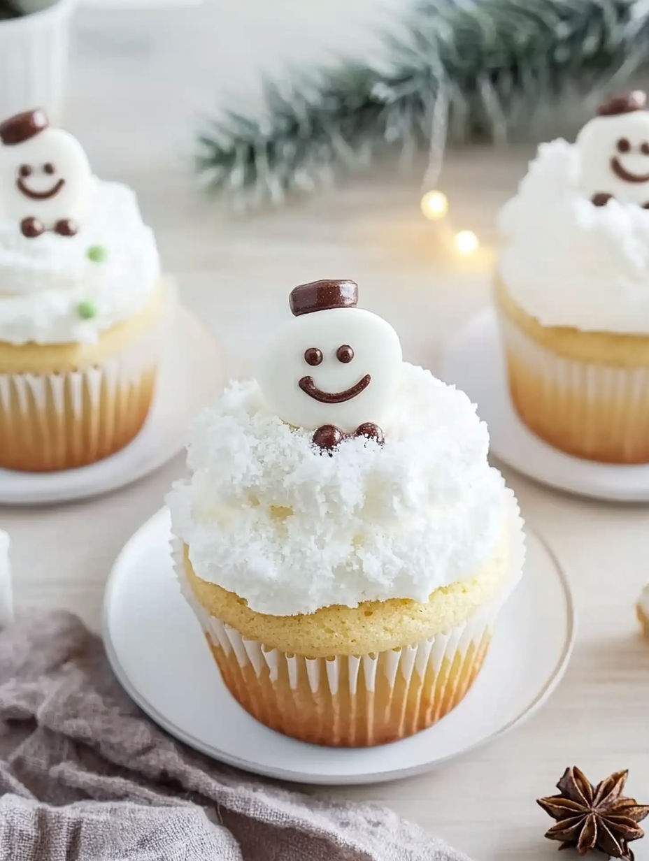 A cupcake with a white frosting and a smiley face.