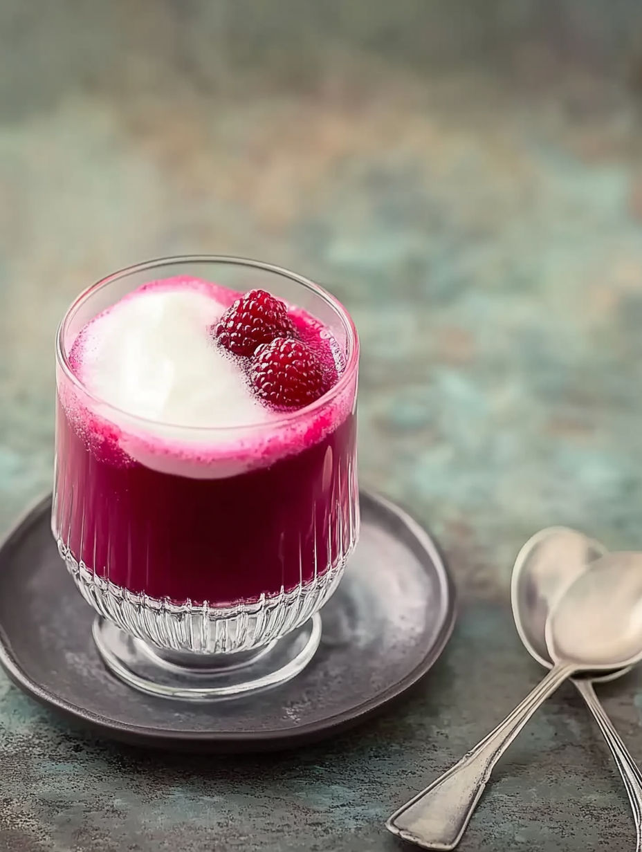 A glass of red raspberry sauce with a spoon next to it.