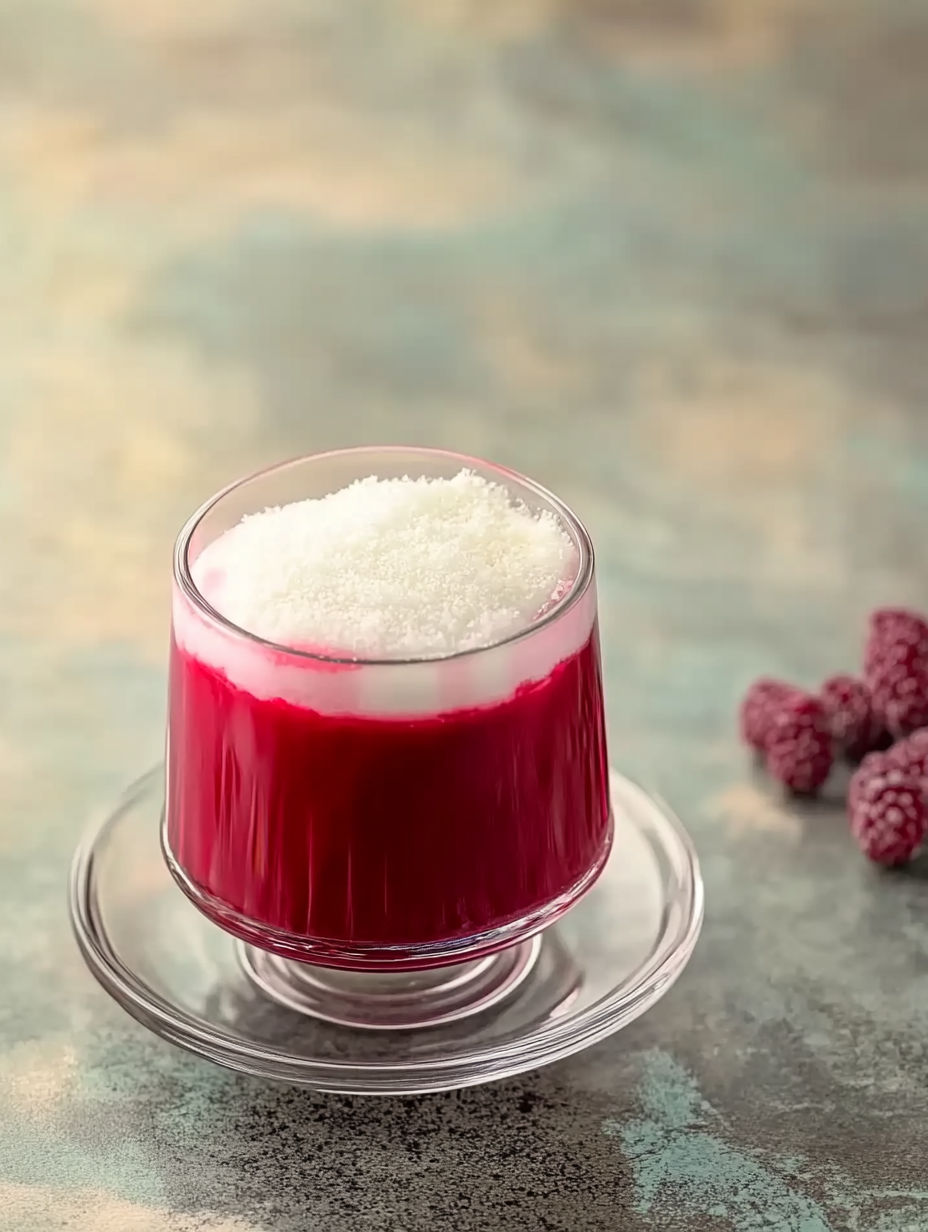 A glass of red liquid with white powder on top.