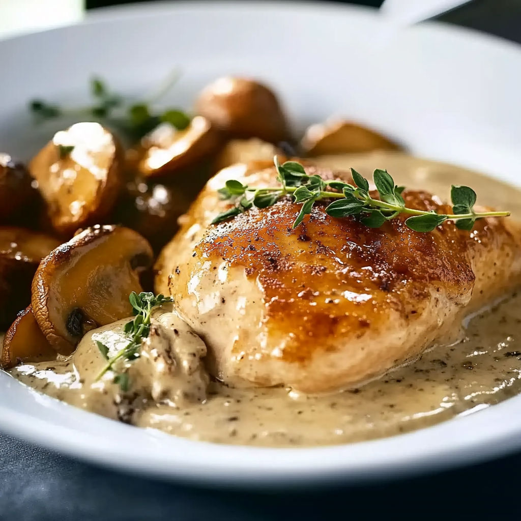 A plate of food with chicken and mushrooms.