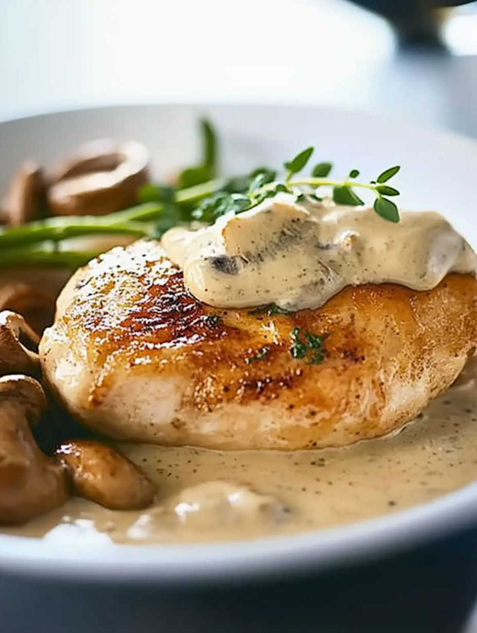 A plate of food with mushrooms and a sauce.