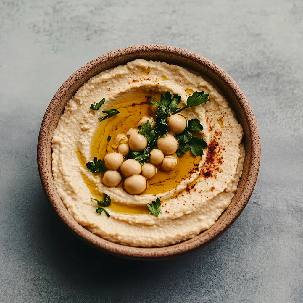 A bowl of houmous with a sprig of parsley.