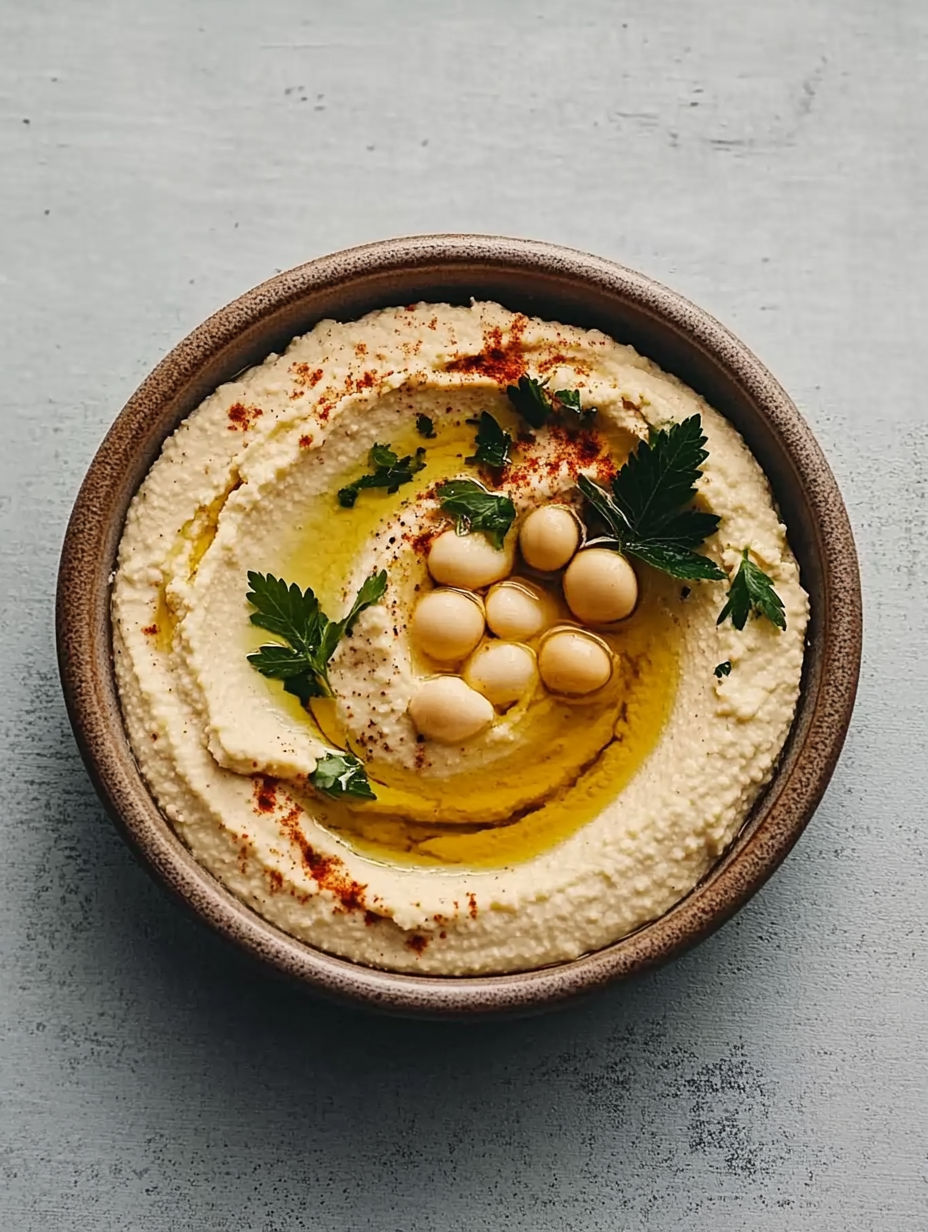 A bowl of hummus with a sprig of parsley and a few olives.