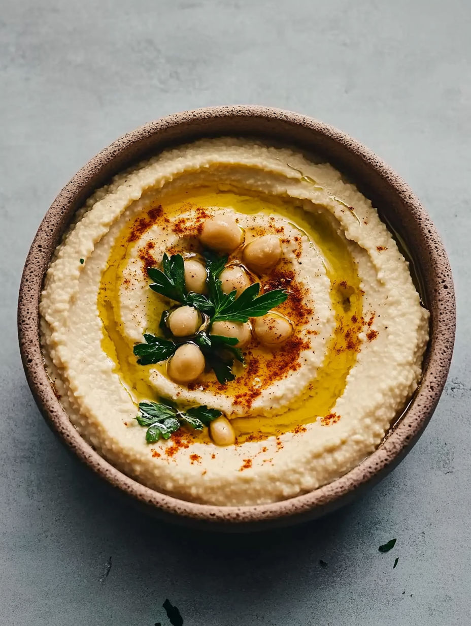 A bowl of hummus with a green leaf on top.