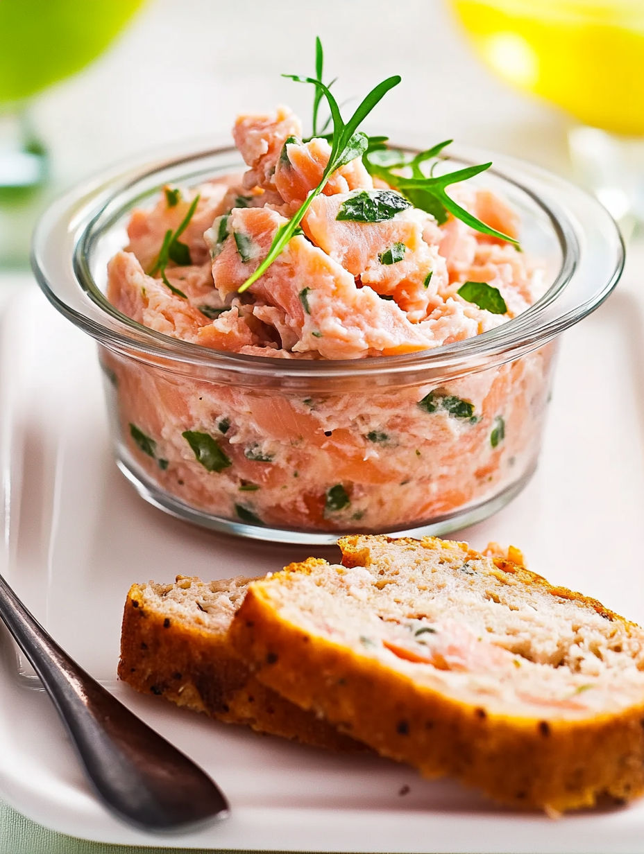 A bowl of fish salad with a slice of bread on the side.