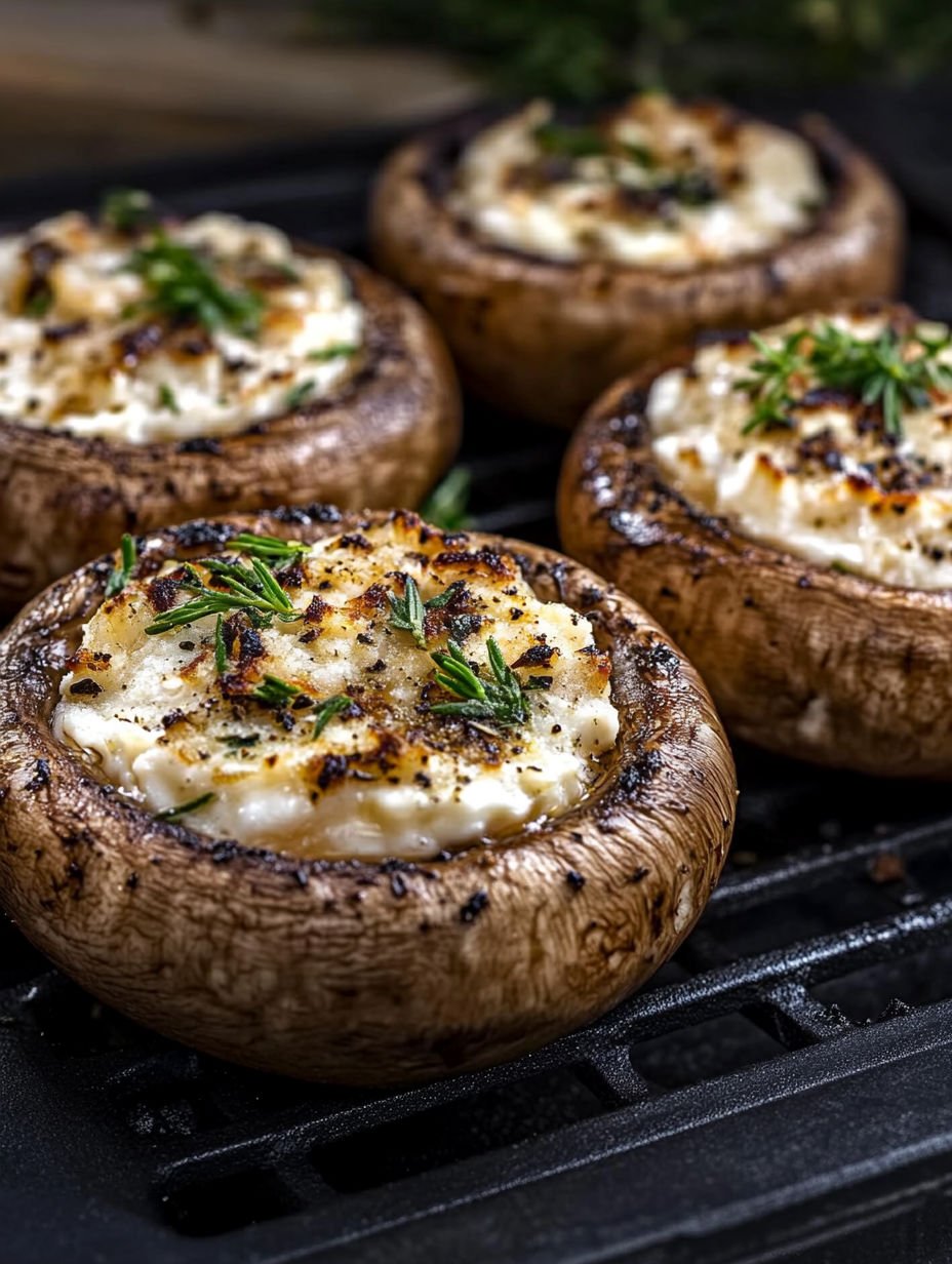 A close up of a mushroom with cheese and herbs.