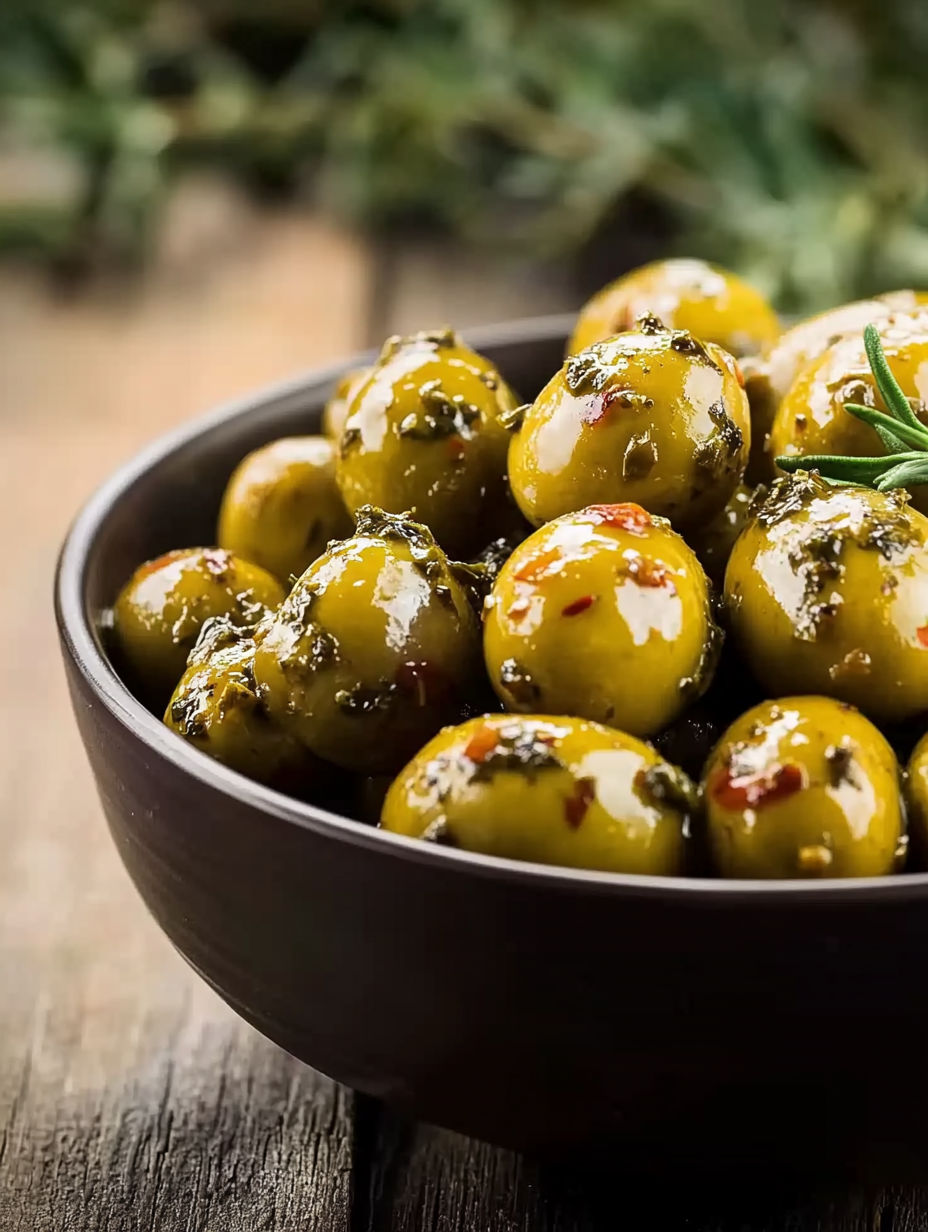 A bowl of green olives with a sprig of parsley on top.