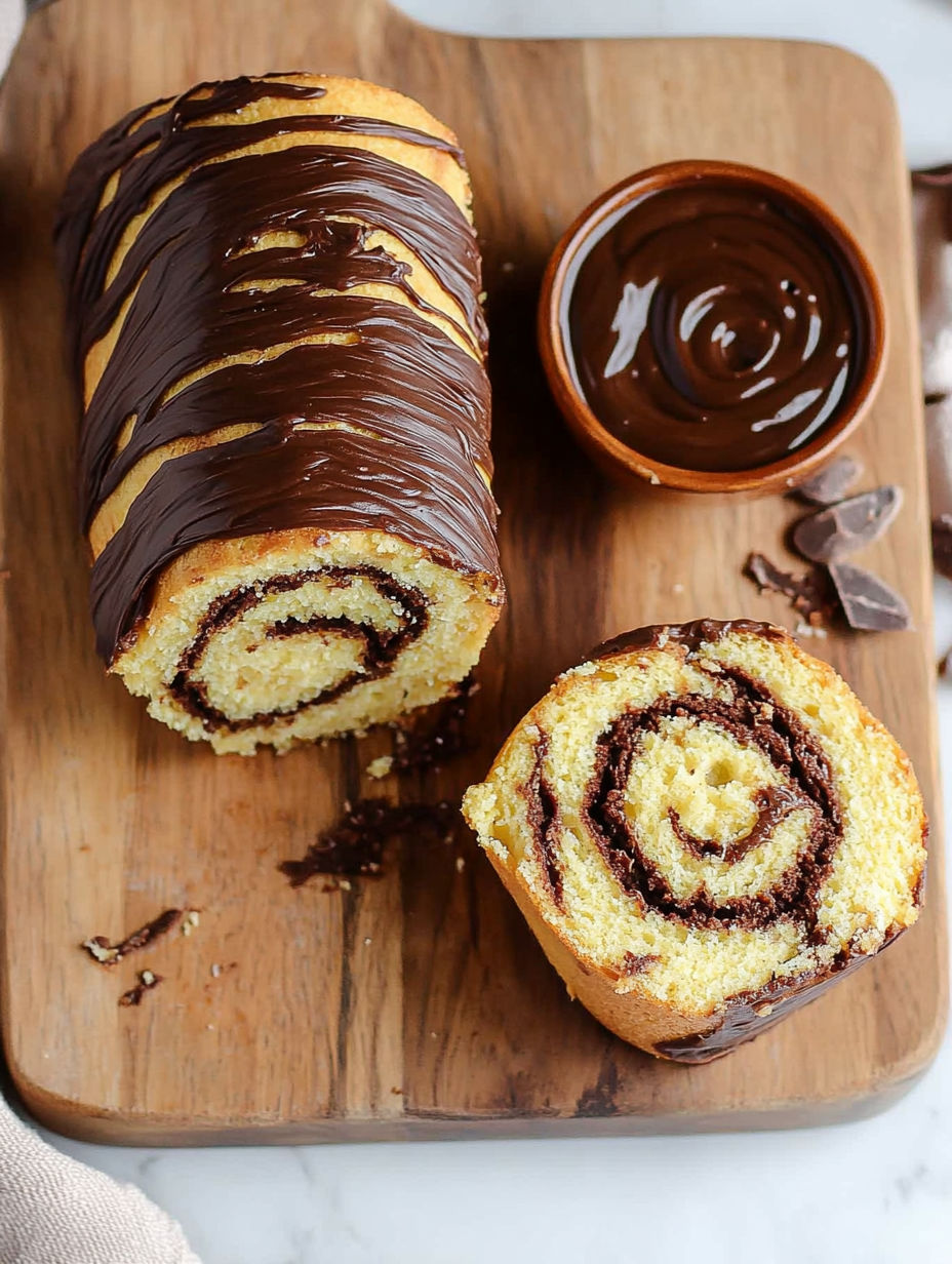 A chocolate covered cinnamon roll on a wooden cutting board.