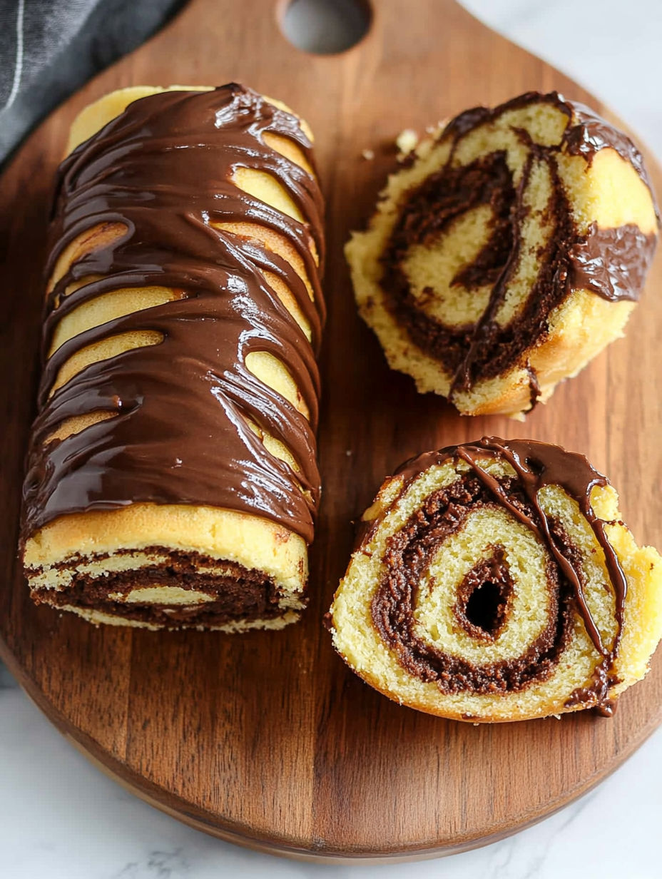 A chocolate covered pastry with a swirl pattern.