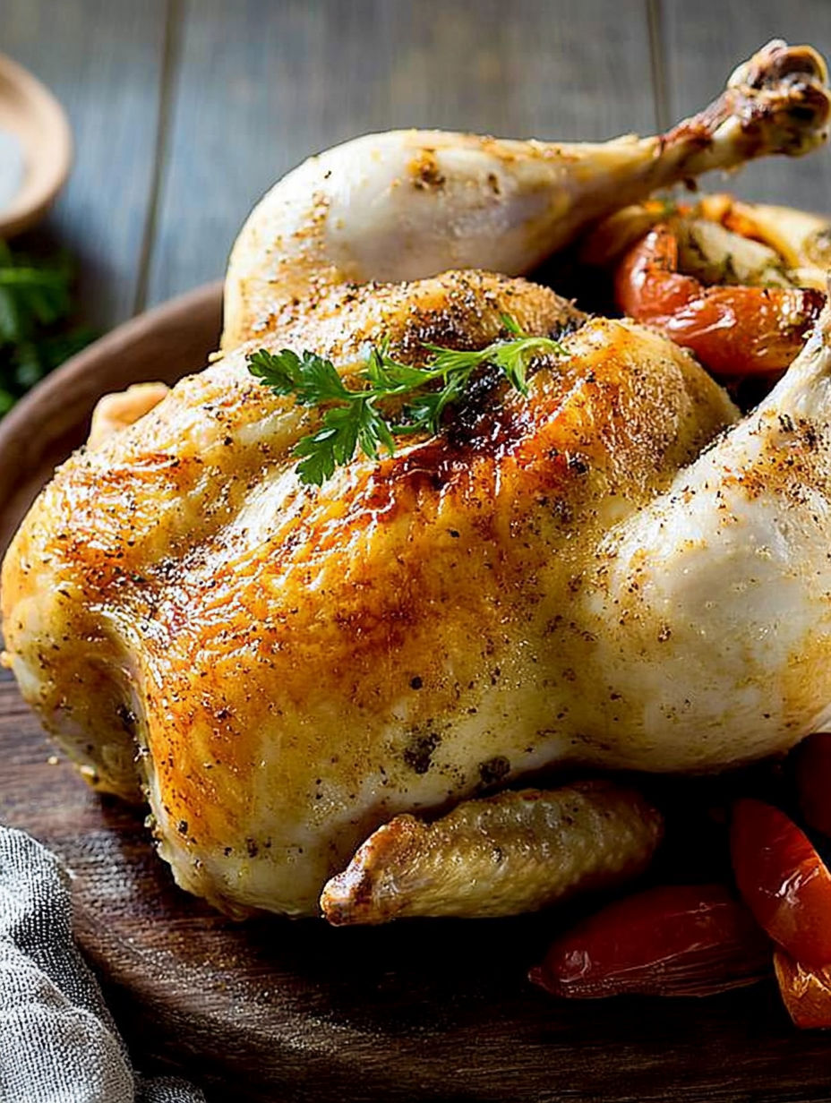A whole cooked chicken with a sprig of parsley on top.