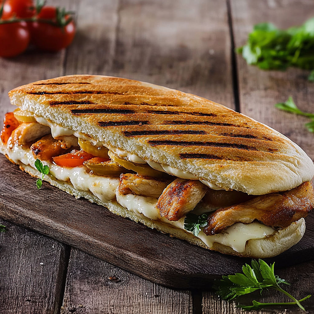 A sandwich with chicken and cheese on a wooden table.