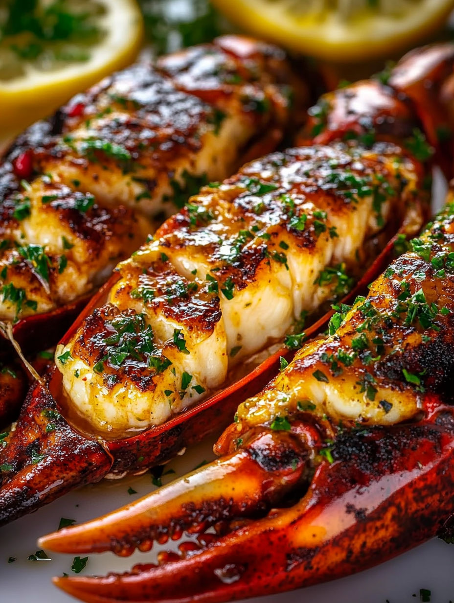 A plate of cooked lobster with herbs and lemon.