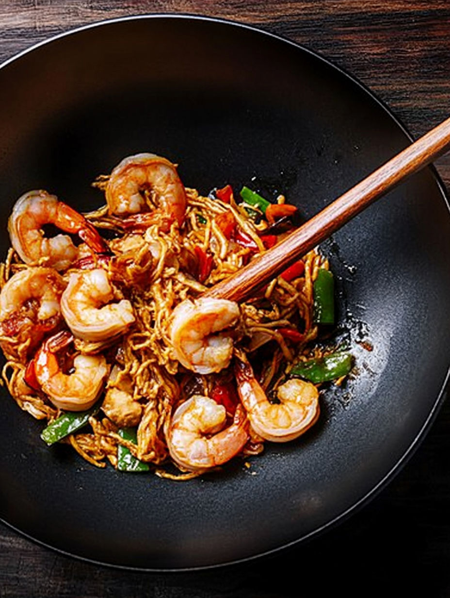 A bowl of shrimp and vegetables.