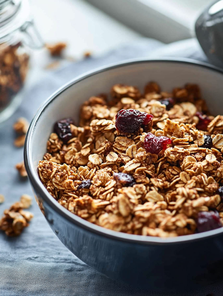 A bowl of cereal with berries and granola.