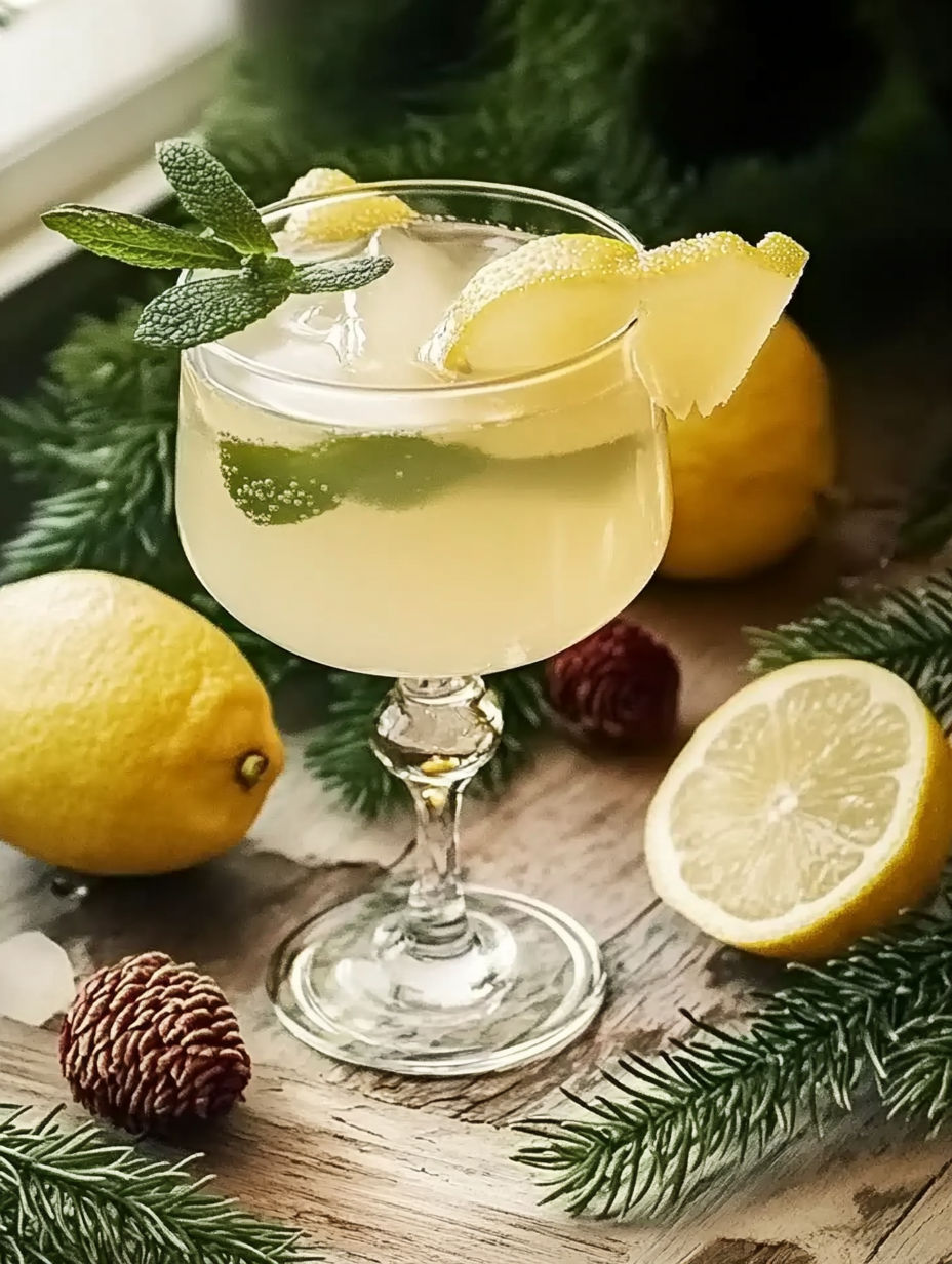 A glass of gin with lemon and mint garnish.