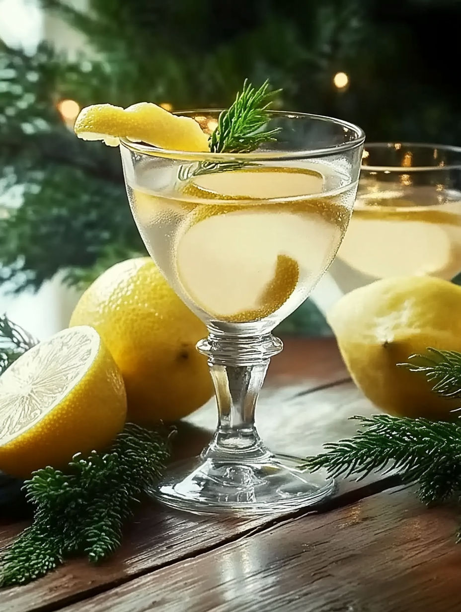 A glass of lemon martini with a lemon wedge on the side.