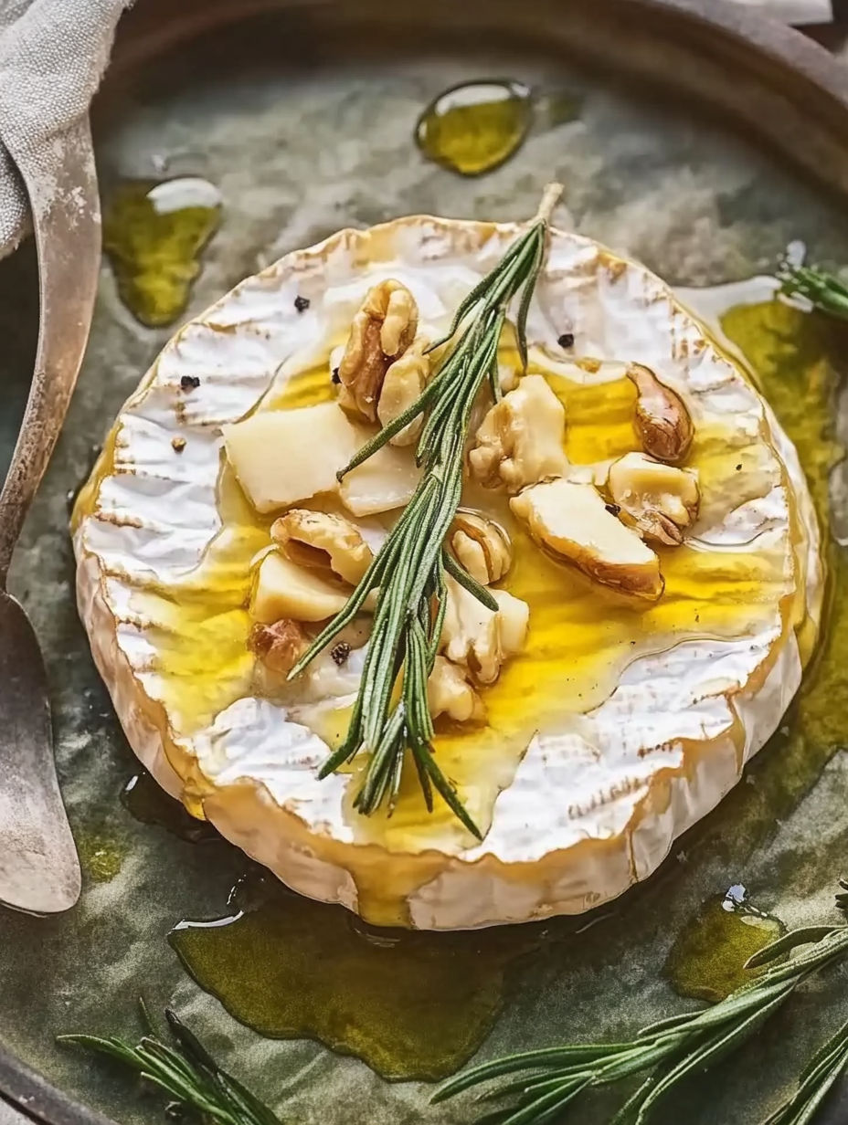 A slice of cheese with nuts and herbs on top.