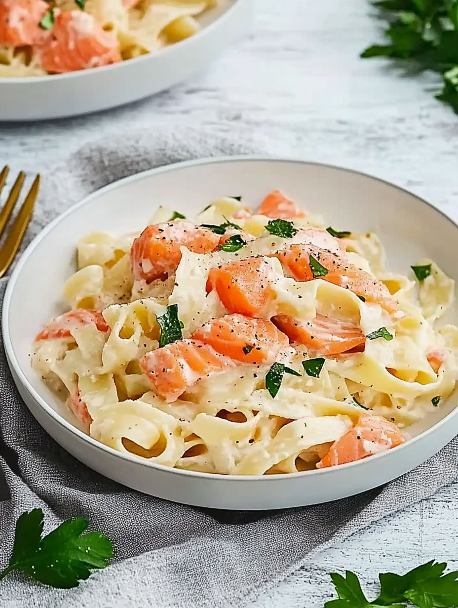 A plate of pasta with salmon and herbs.