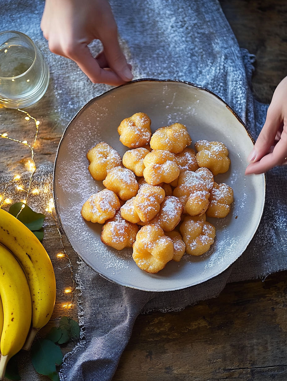 A bowl of doughnuts with powdered sugar on top.