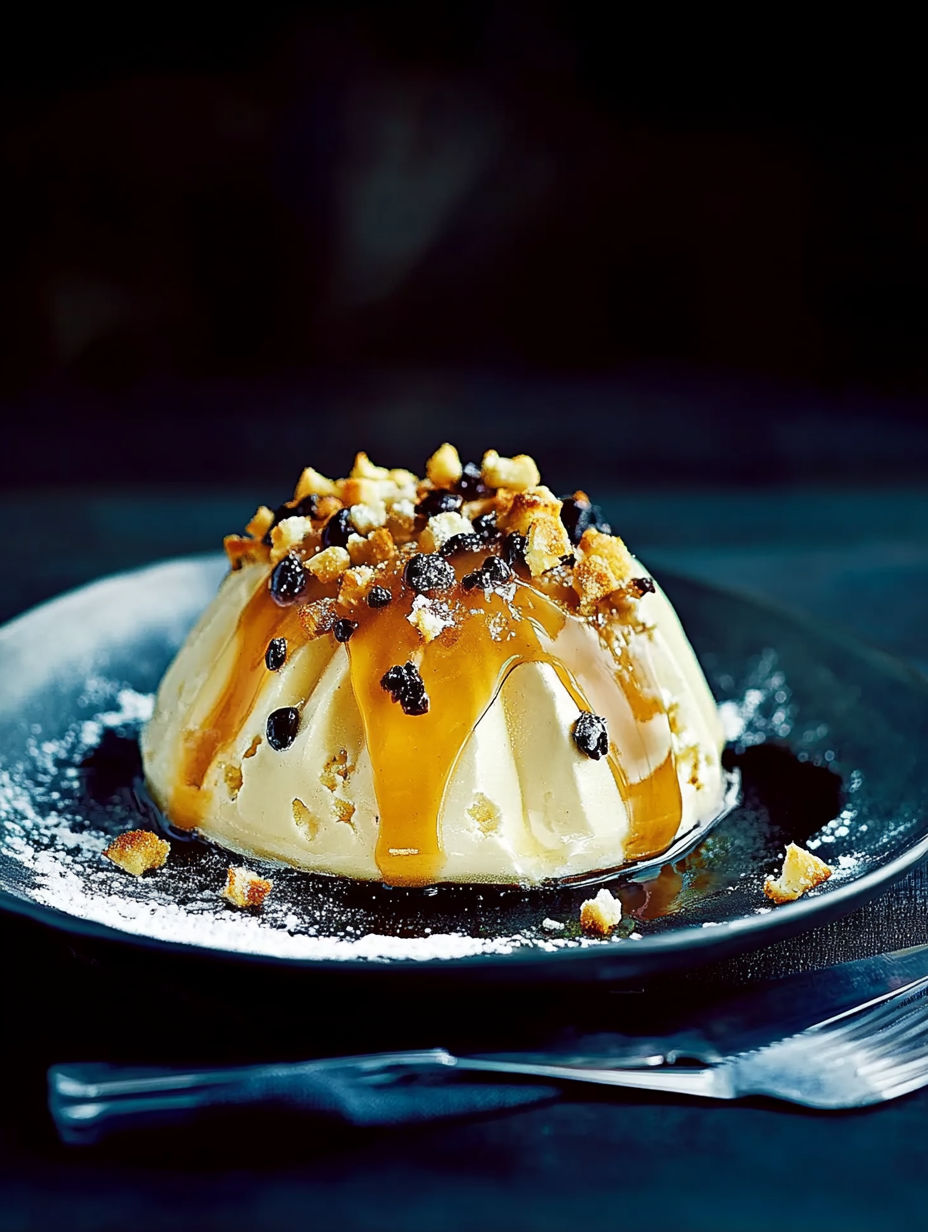 A dessert with a caramel sauce on top.