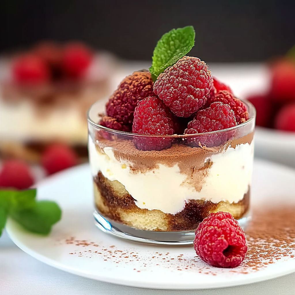 A small glass of Tiramisu with raspberries on top.