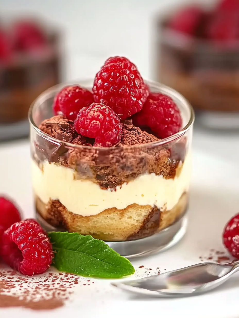 A small dessert with raspberries and chocolate.