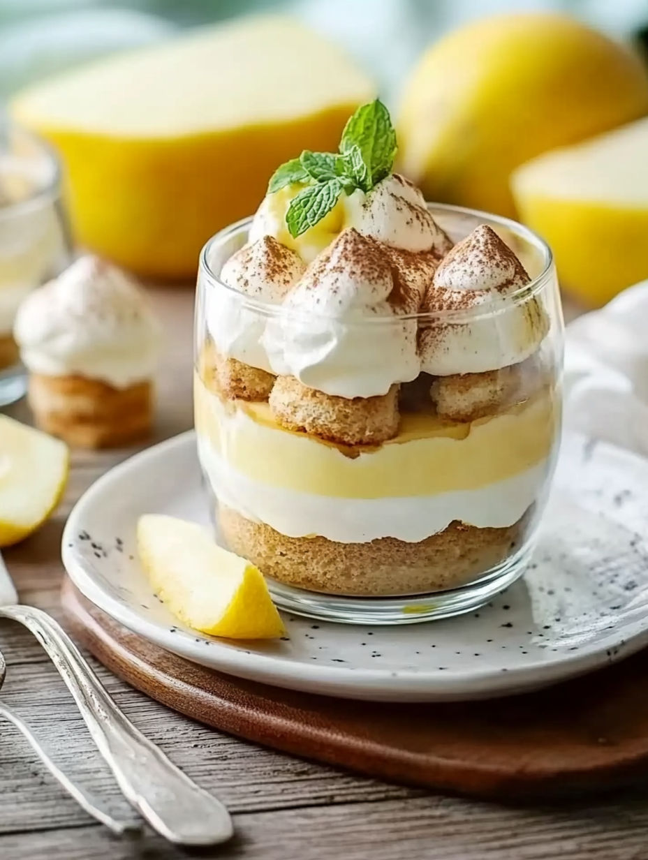A dessert in a glass with a lemon wedge on top.