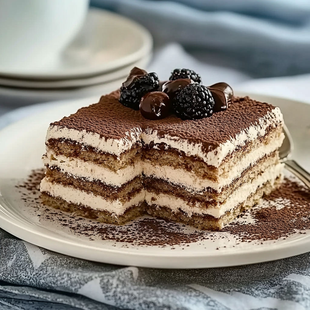 A slice of cake with chocolate and blackberries on top.