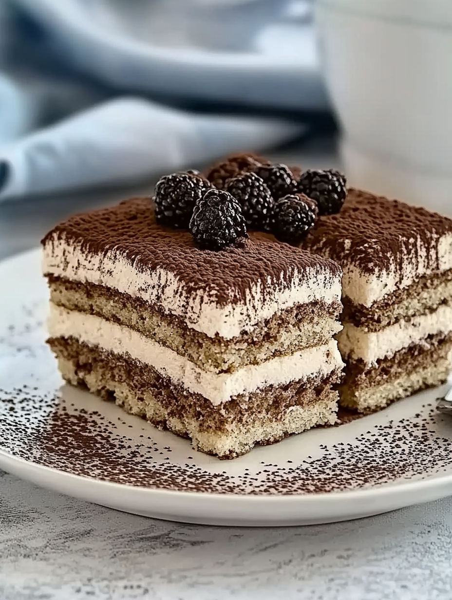 A slice of cake with chocolate and blackberries.