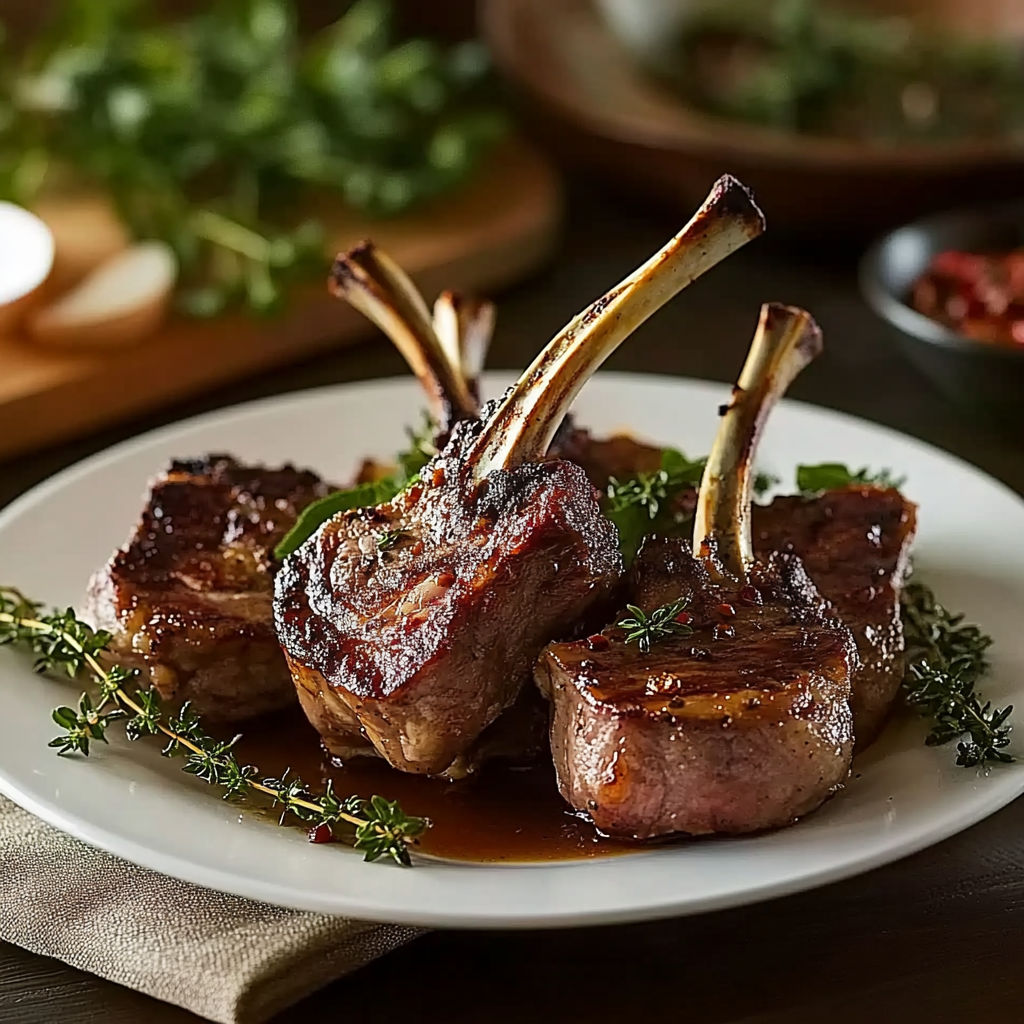 A plate of meat with a garnish of herbs.
