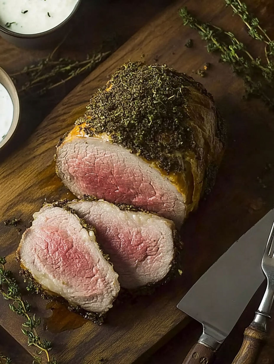 A roast with meat and herbs on a cutting board.