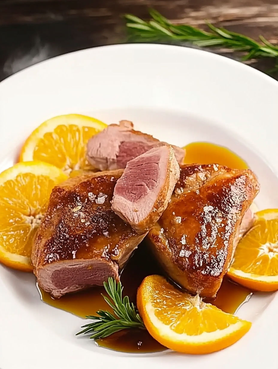 A plate of food with meat and oranges.