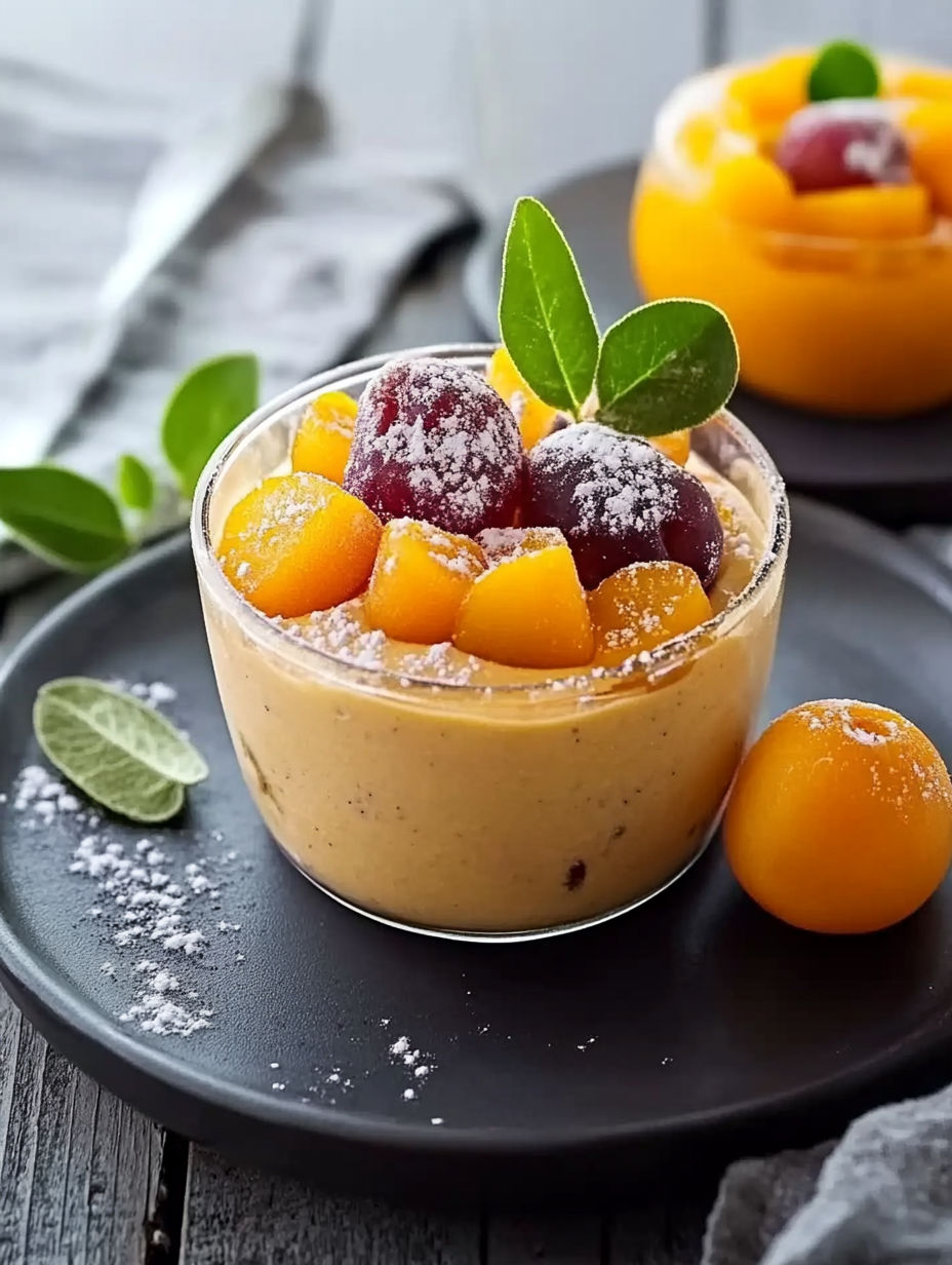 A bowl of fruit with a leaf on top.