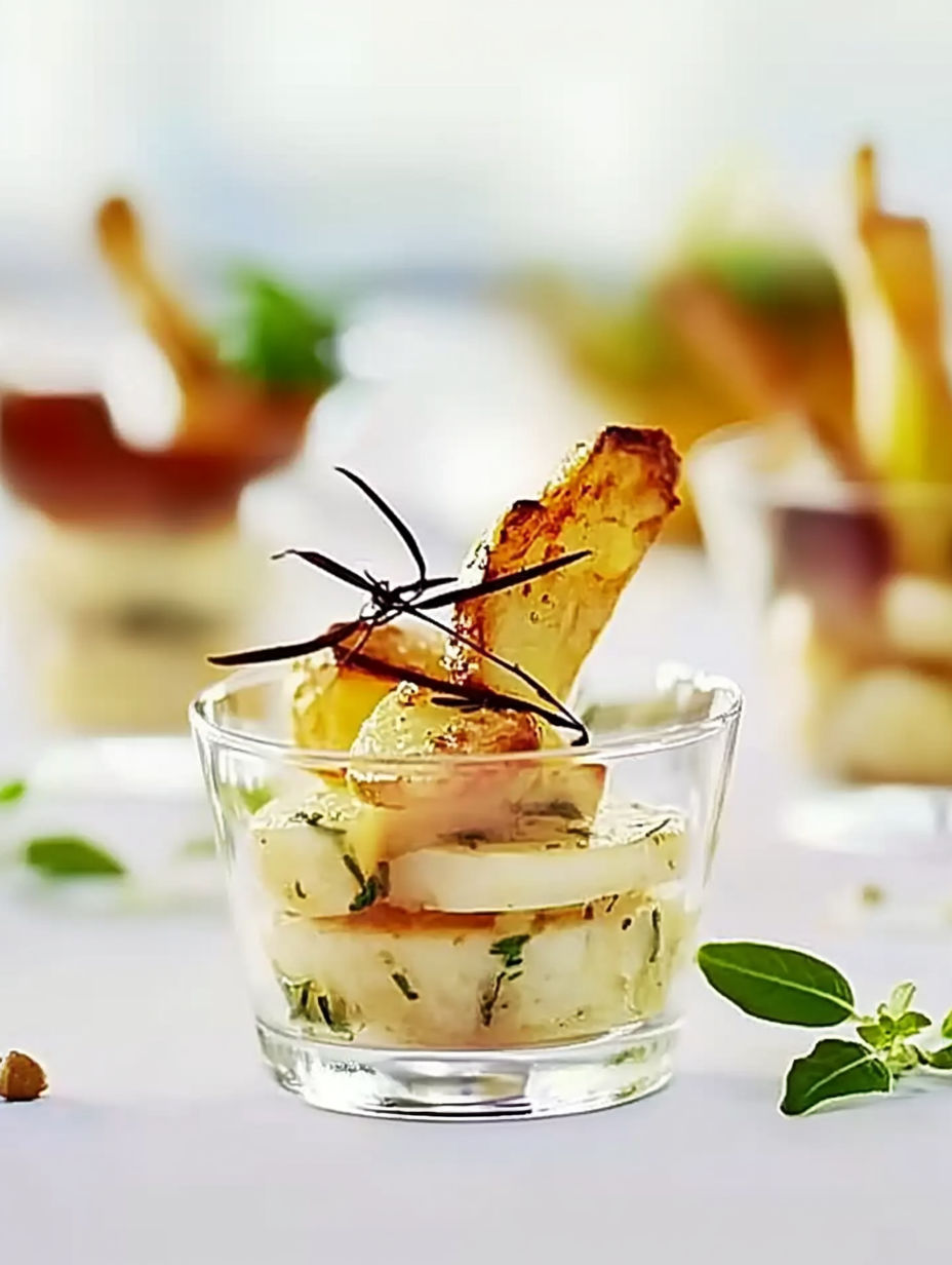 A glass of food with a fork in it.